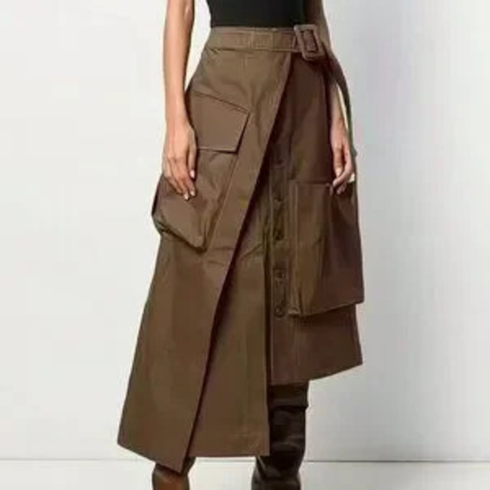 Coffee Brown Casual Women's Cargo Asymmetric Skirt